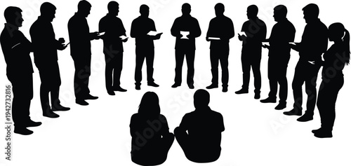 Silhouette group meeting people standing circle discussion teamwork brainstorming community support session leadership training workshop participants collaboration concept vector illustration