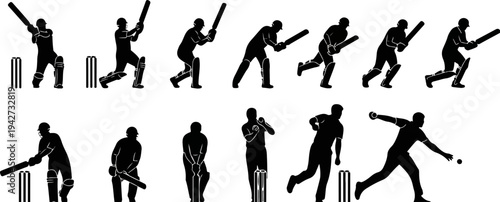 Set of 12 Cricket Player Silhouettes Vector Icons Featuring Batting, Bowling, and Wicket Keeping Poses for Sports Design and Web Graphics