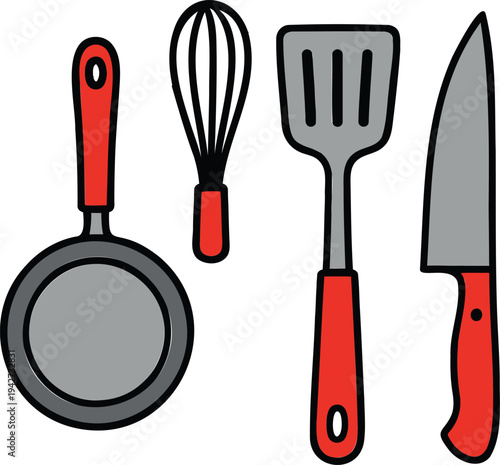 Hand-Drawn Doodle Illustration of Essential Kitchen Utensils Including a Whisk, Frying Pan, Spatula, and Chef's Knife with Red Handles on White Background