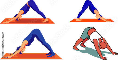 Set of 4 Downward-Facing Dog Yoga Poses Vector Illustration Collection for Fitness, Wellness, and Exercise Content