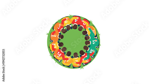 Aerial view of soccer players in circle formation on grass field