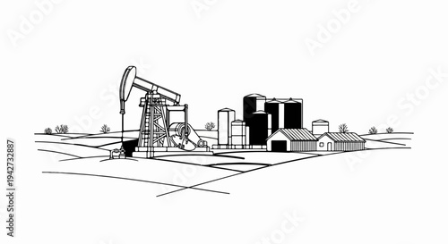 Black and white line art of an oil pump, silos, and barns on rolling hills