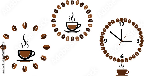 Set of 3 Coffee Time Vector Illustrations with Steaming Cups and Coffee Bean Clock Design for Cafe Branding & Marketing