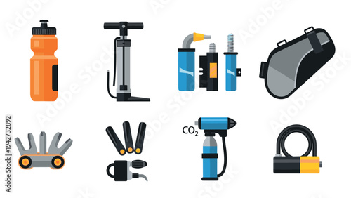 Bicycle essentials and repair equipment in modern flat design