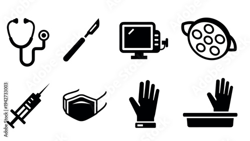 Medical equipment icons set: stethoscope, syringe, masks, and more in simple style