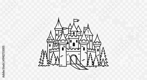 A whimsical drawing of a fairytale castle with pointed towers and pine trees
