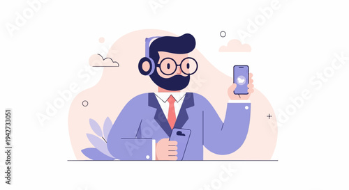 Bearded man in suit with headset holds two phones showing communication icons