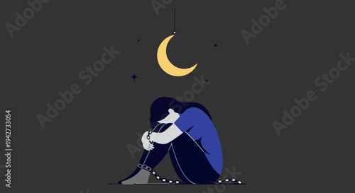 Depressed woman sitting alone in the dark with a crescent moon and stars above, symbolizing sadness, insomnia, and mental health struggles vector illustration