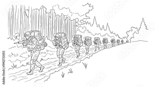 Linear drawing of soldiers marching in forest with backpacks