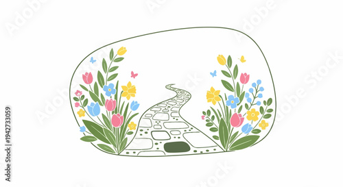 A whimsical garden path winds through colorful flowers and fluttering butterflies