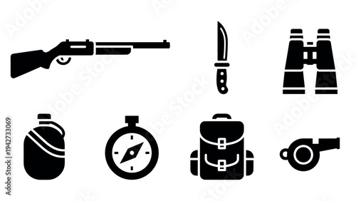 Outdoor adventure gear silhouette icons: rifle, knife, backpack, and more