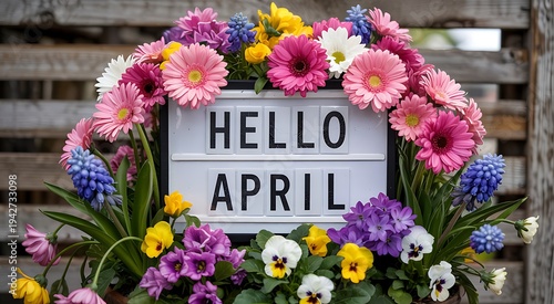Hello April letter board surrounded by colorful spring flowers like gerberas hyacinths pansies and daisies, festive floral display for seasonal greeting and celebration outdoors