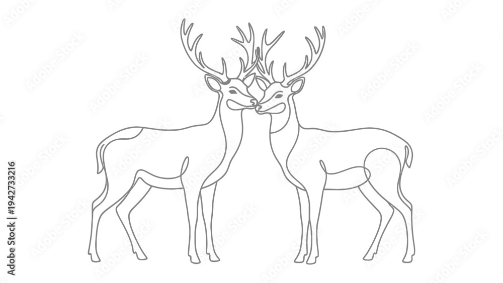 Fototapeta premium Deer Silhouette Embracing: A minimalist sketch depicts two elegant deer embracing, their antlers intertwining in a moment of tender connection. 