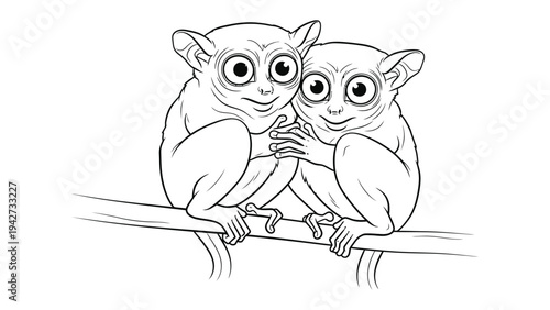 Tarsier Love - Minimalist Line Art: Two endearing tarsier primates rendered in simple line art perch together, their large eyes and close embrace evoking affection.