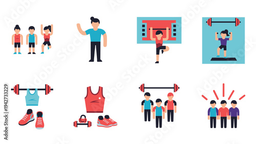 Fitness activities and gym equipment icons in flat design