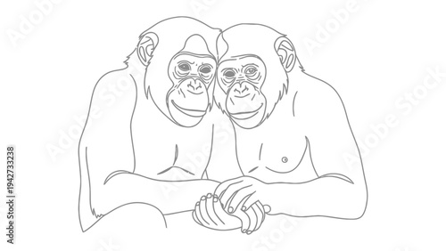 Chimpanzee Affection: Two chimpanzees are lovingly depicted in a heartwarming embrace, their gentle forms conveying a deep bond of love and affection.