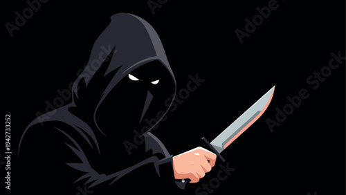 Mysterious hooded figure holding knife on dark background