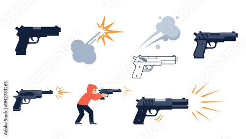 Simple flat design of firearms with sound effects and firing actions