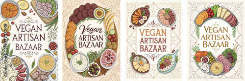 Four colorful and artistic posters for a Vegan Artisan Bazaar featuring diverse foods.