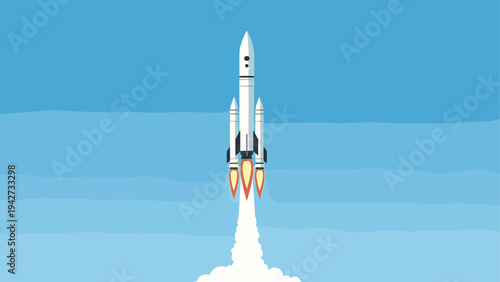 Rocket launch in minimalist style with blue sky background
