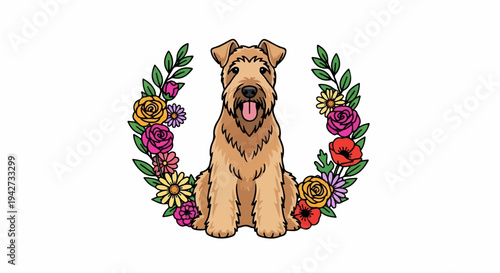 Adorable fluffy dog framed by vibrant colorful flowers and green leaves
