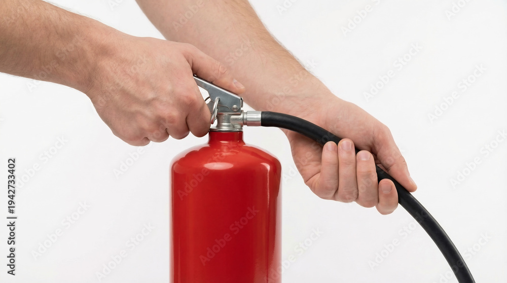 Naklejka premium Man operating fire extinguisher with nozzle on white background 