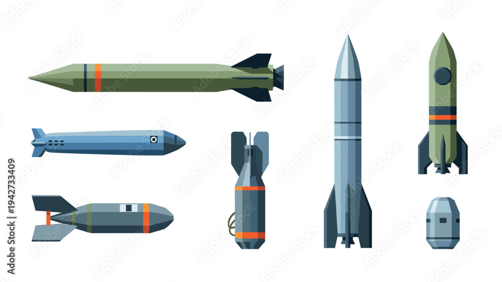 Fototapeta premium Set of flat military missiles and bombs in various shapes and sizes