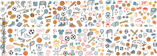 Colorful doodles of various sports equipment and activities, featuring soccer, basketball, and recreational gear.