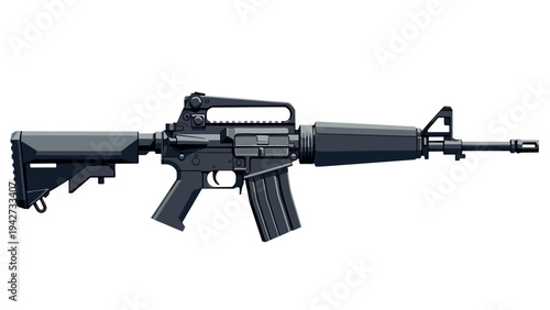 Detailed side view of modern assault rifle with black finish and tactical stock