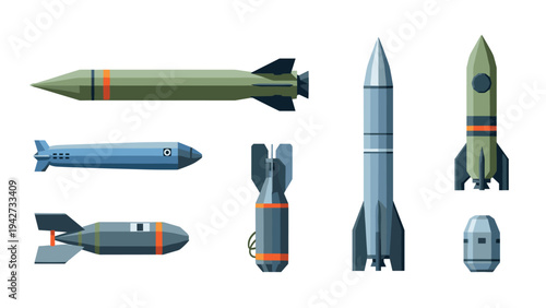 Set of flat military missiles and bombs in various shapes and sizes
