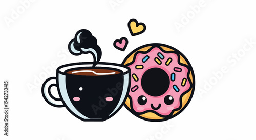 Adorable steaming coffee cup and a smiling donut with hearts