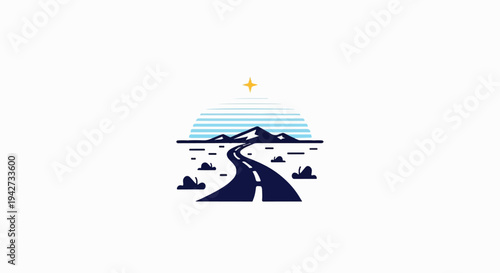 A winding road leads towards mountains under a stylized sun