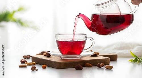 Pouring rich red tea into a delicate teacup surrounded by cinnamon sticks and cloves