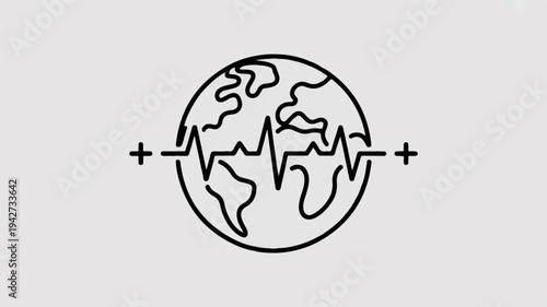 Earth globe with heartbeat line and plus signs on gray background symbolizing global health and energy