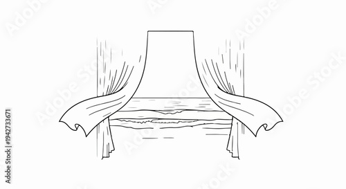 A window draped with flowing curtains revealing a serene ocean view