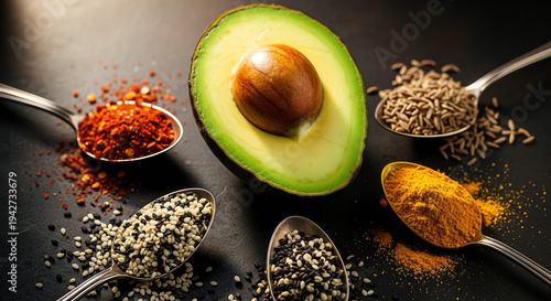 Avocado with spices and seeds on spoons