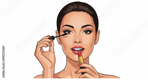 A woman applies makeup, using mascara and lipstick to enhance her features