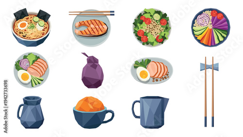 Colorful low poly japanese cuisine set with sushi and ramen