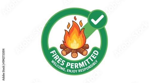 Green sticker icon for fires permitted with a campfire illustration