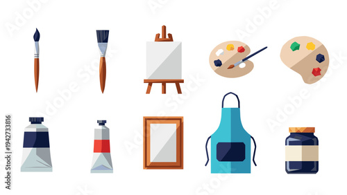 Artistic tools collection for painting enthusiasts: brush, easel, canvas, palette, apron, and paint