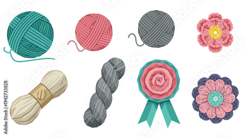 Colorful yarn balls and flowers set with crochet elements on white background