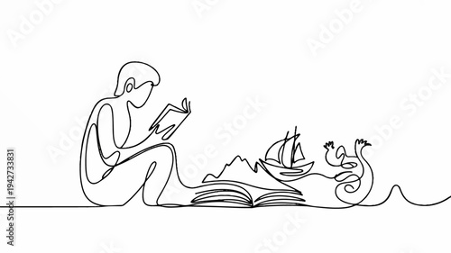 Person sitting on beach reading book with swan and sailboat nearby in calm serene environment