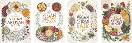 Colorful vegan artisan market graphics featuring a variety of plant-based foods.