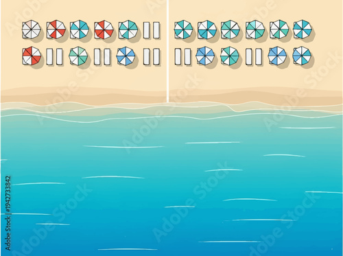 Aerial view of a tropical beach with colorful umbrellas and lounge chairs