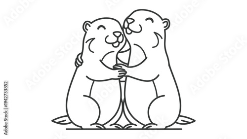 Cheerful Marmot Embrace: A heartwarming depiction of two marmots embracing, radiating joy and camaraderie. The monochrome design emphasizes the purity of their connection.