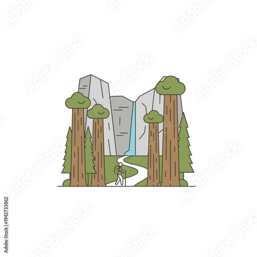 Majestic Sequoia Trees and Waterfall Landscape Illustration.