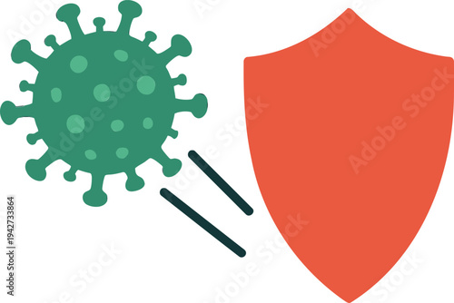 Green virus molecule bouncing off a red protective shield icon, symbolizing immune system defense, vaccination protection, and virus prevention concept.