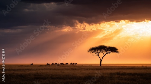 Silhouetted Giraffes Walking Under Dramatic Sunset in African Landscape