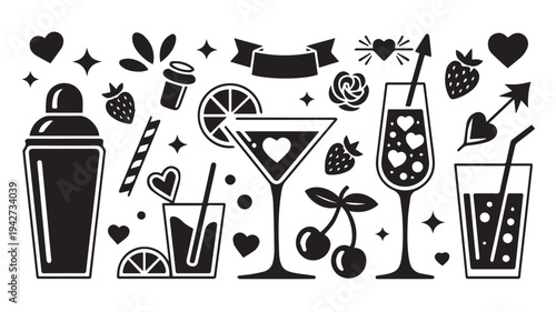 Doodle icons for cocktails, love, and celebrations: shaker, martini glass, champagne, strawberries, cherries, and hearts with drinks