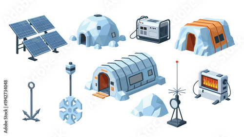Isometric arctic exploration set featuring igloos, solar panels, and equipment